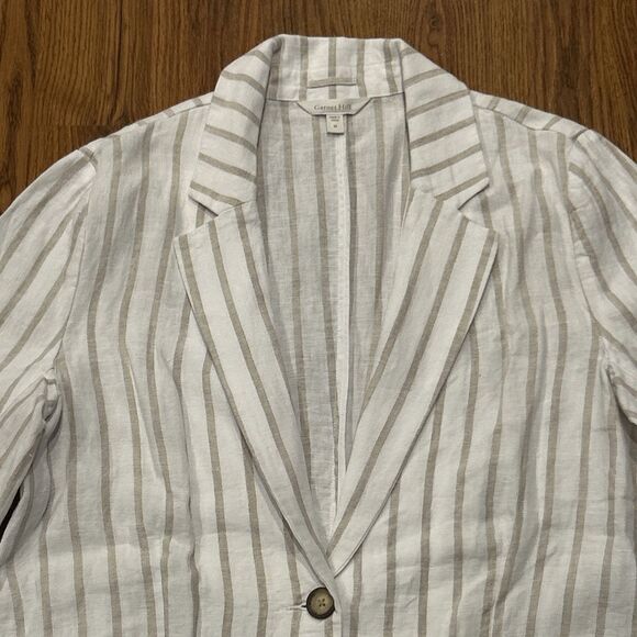 Garnet Hill Striped Linen Blazer Womens Medium Tan White Coastal Lightweight - Picture 5 of 7